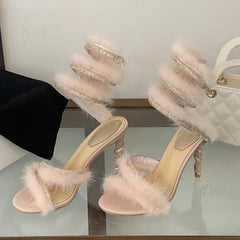 Design Corduroy Crystal Ankle Wrap Strap Sandals Thin High Heel