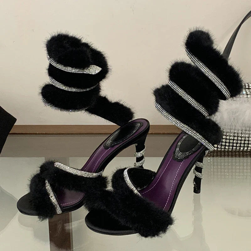 Design Corduroy Crystal Ankle Wrap Strap Sandals Thin High Heel