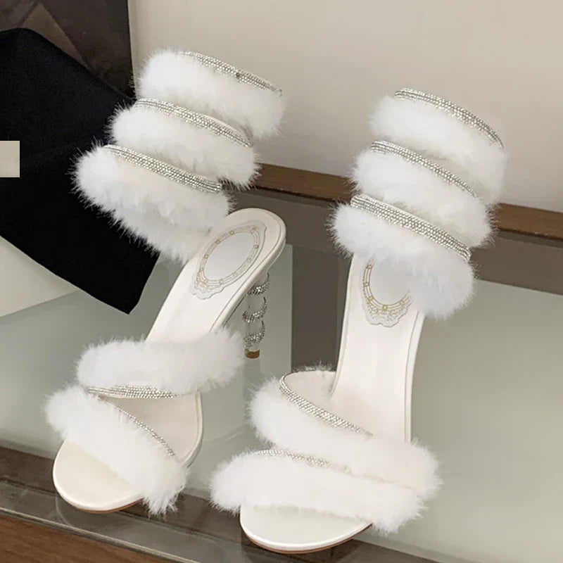 Design Corduroy Crystal Ankle Wrap Strap Sandals Thin High Heel
