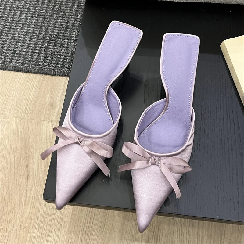 Design Silk Butterfly-knot Slippers Pointed Toe Low Heel