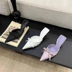 Design Silk Butterfly-knot Slippers Pointed Toe Low Heel