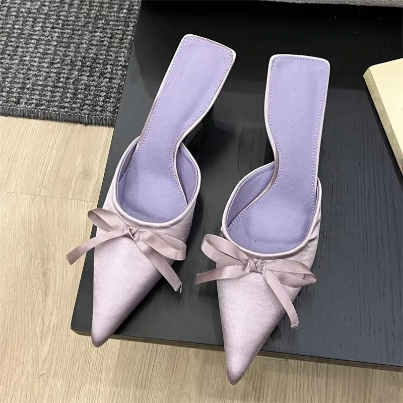 Design Silk Butterfly-knot Slippers Pointed Toe Low Heel