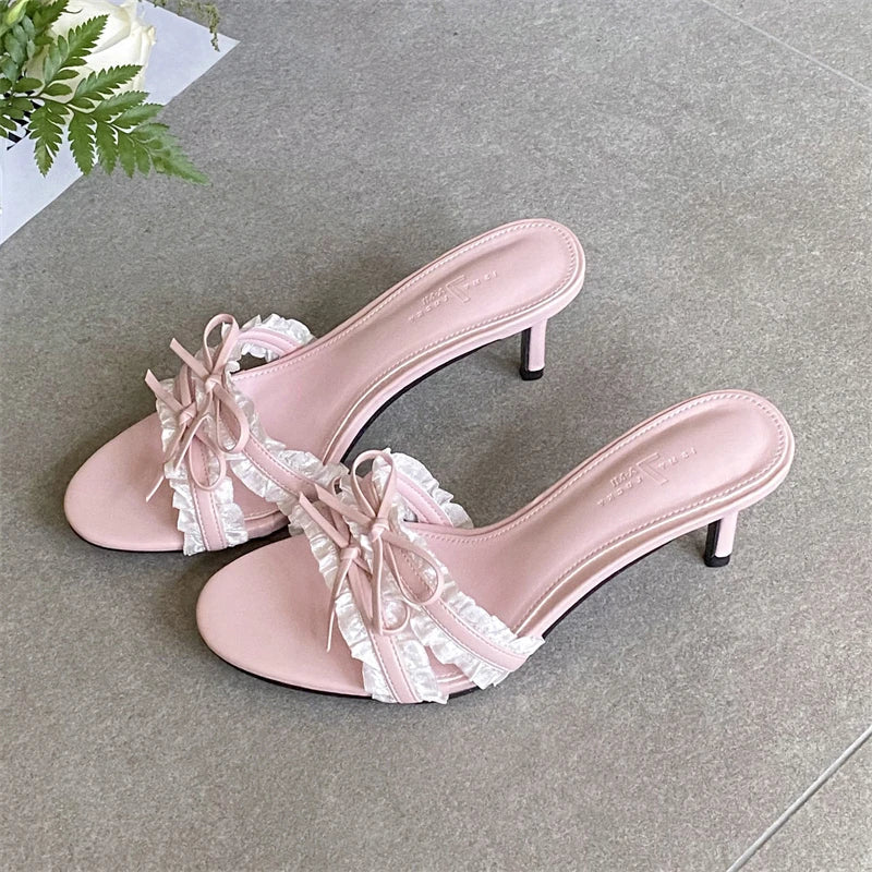 Elegant Butterfly-kont Lace Edge Slippers Thin High Heel