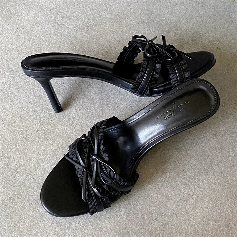 Elegant Butterfly-kont Lace Edge Slippers Thin High Heel