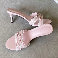 Elegant Butterfly-kont Lace Edge Slippers Thin High Heel