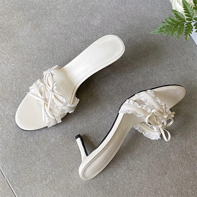Elegant Butterfly-kont Lace Edge Slippers Thin High Heel