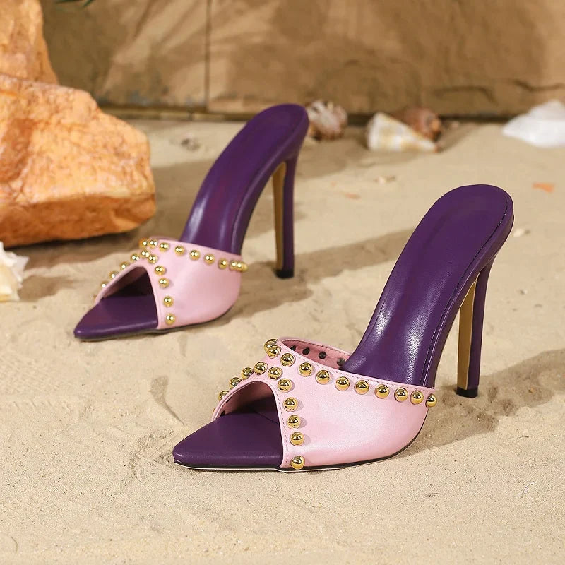 Metal Decoration Pointed Toe Slippers Street Style Thin High Heel