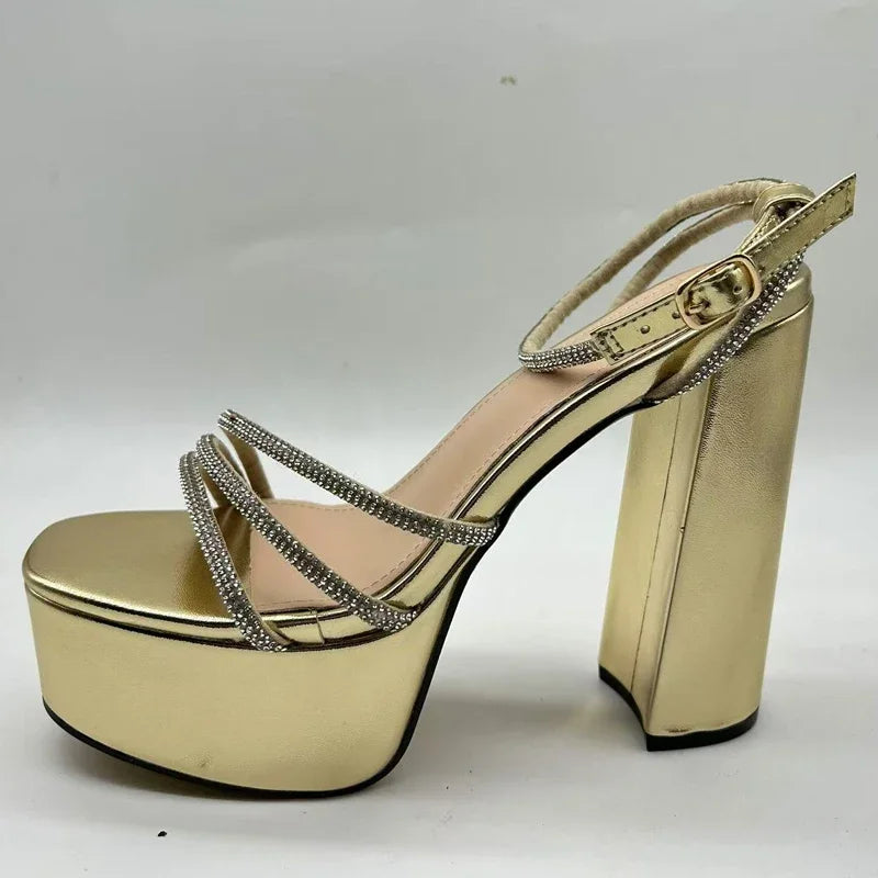 Open Toe Narrow Band Crystal Sandals Platform Heel