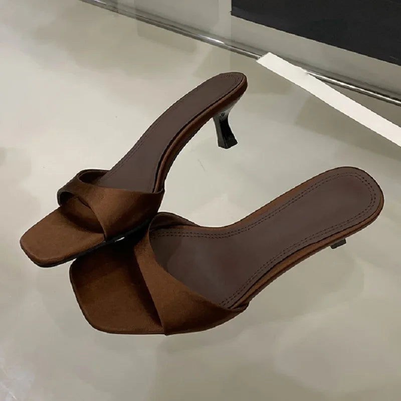 Open Toe Silk Slippers Thin Low Heel