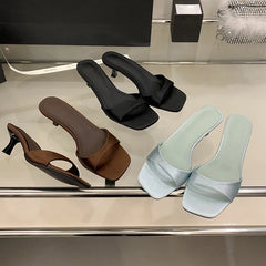 Open Toe Silk Slippers Thin Low Heel