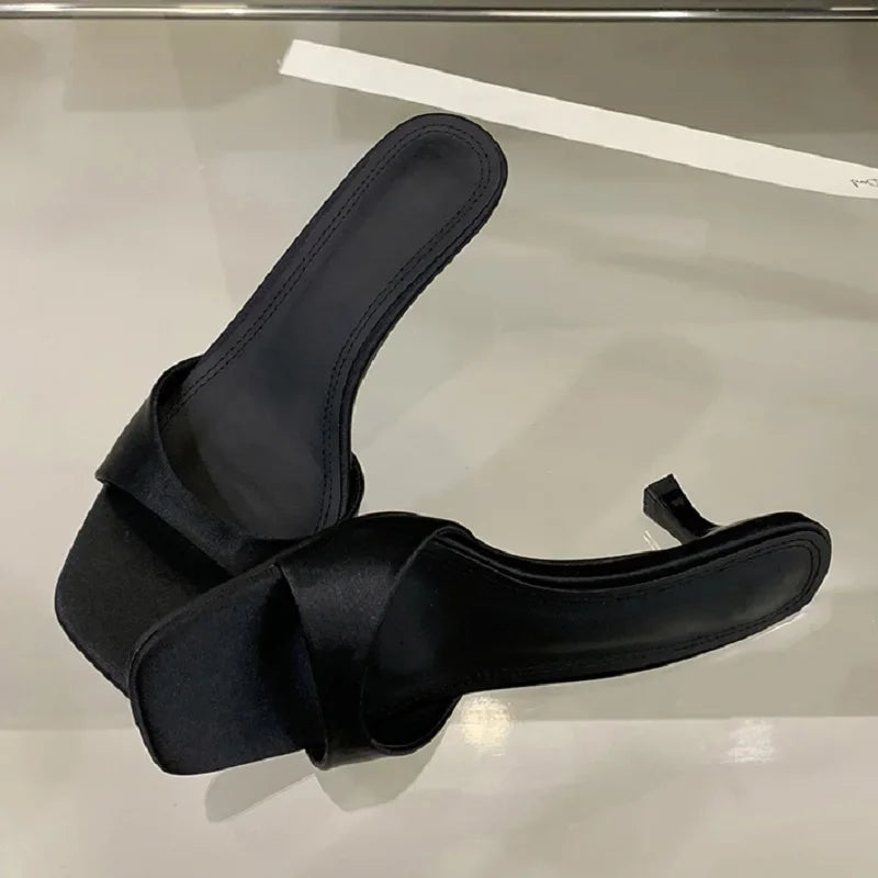 Open Toe Silk Slippers Thin Low Heel