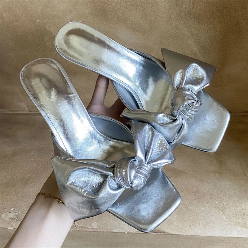 Butterfly-kont Square Toe Slippers Thin High Heel