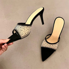 Crystal Diamond Mesh Slippers Elegant Pointed Toe Thin High Heel