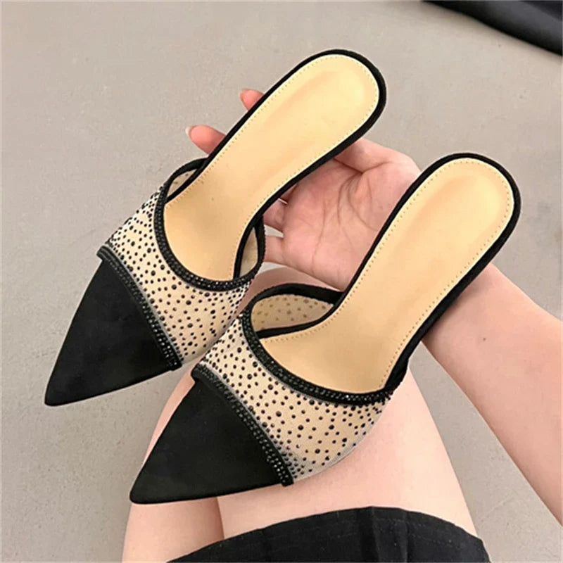 Crystal Diamond Mesh Slippers Elegant Pointed Toe Thin High Heel
