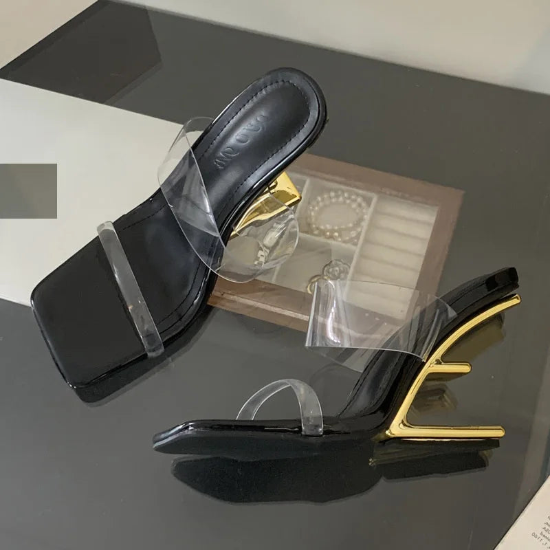 PVC Transparent Square Toe Slippers Designer Fretwork Heel