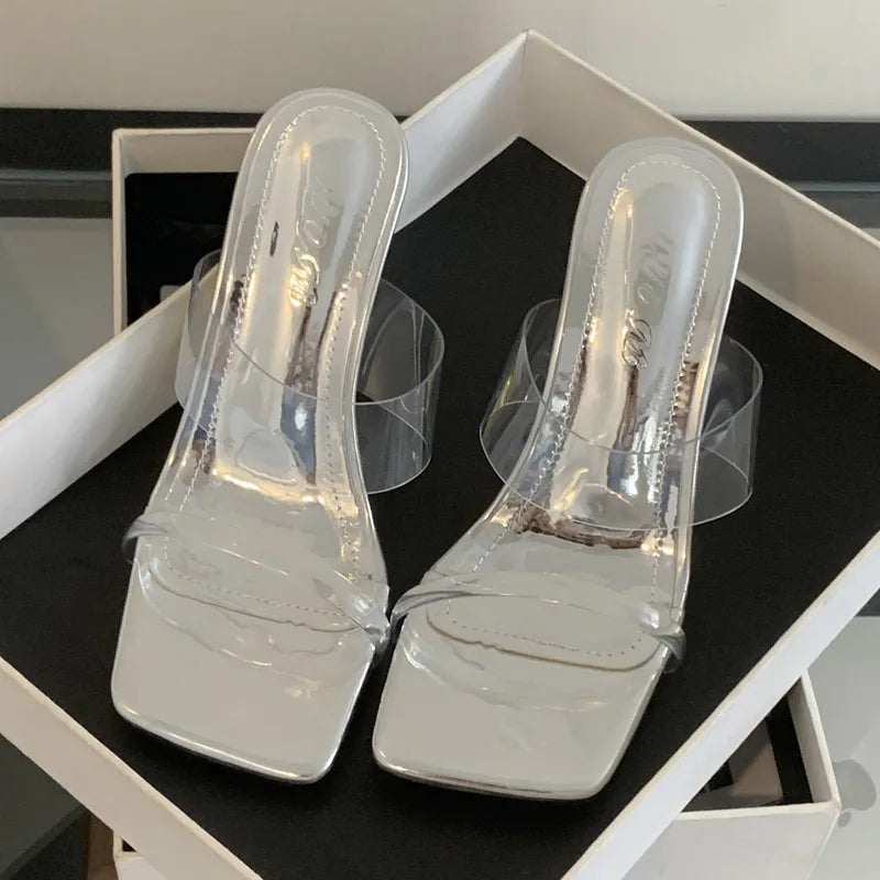 PVC Transparent Square Toe Slippers Designer Fretwork Heel