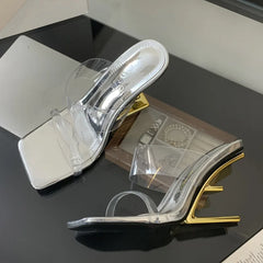 PVC Transparent Square Toe Slippers Designer Fretwork Heel