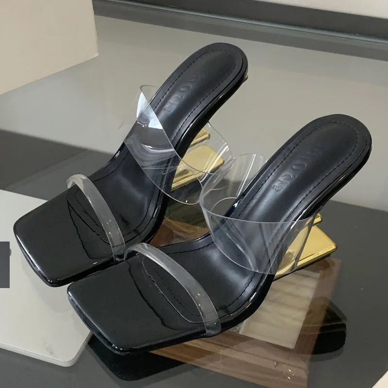PVC Transparent Square Toe Slippers Designer Fretwork Heel