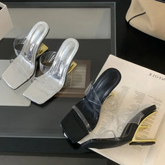 PVC Transparent Square Toe Slippers Designer Fretwork Heel
