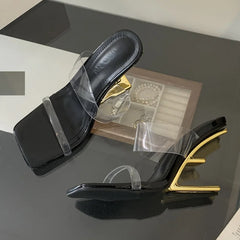 PVC Transparent Square Toe Slippers Designer Fretwork Heel