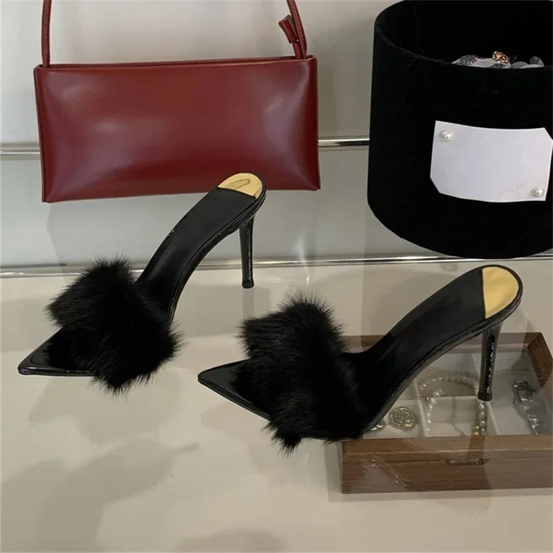 Slippers Designer Feather Open Toe Thin High Heel