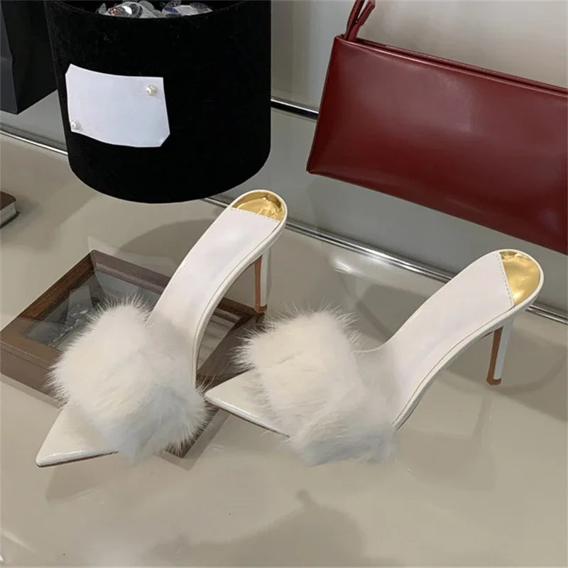 Slippers Designer Feather Open Toe Thin High Heel