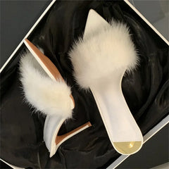 Slippers Designer Feather Open Toe Thin High Heel