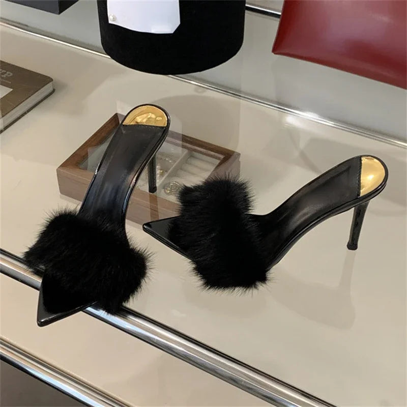 Slippers Designer Feather Open Toe Thin High Heel