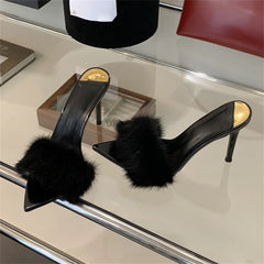 Slippers Designer Feather Open Toe Thin High Heel