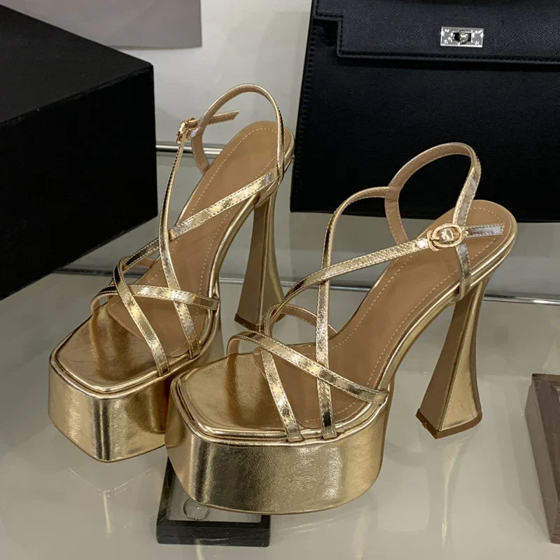 Gold Silver Barrow Band Open Toe Sandals Street Style High Heel