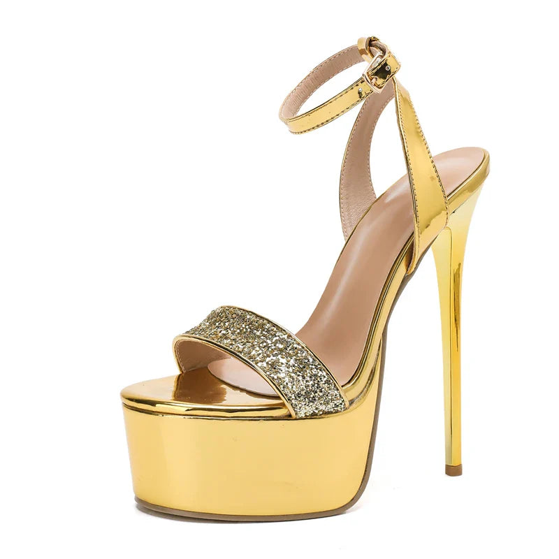 Golden Bling Sequin Fabric Buckle Strap Platform Sandals Ultra Stiletto High Heel