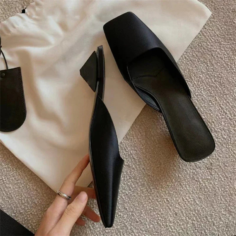 High Quality Silk Square Toe Mules Slipper Concise Low Heel
