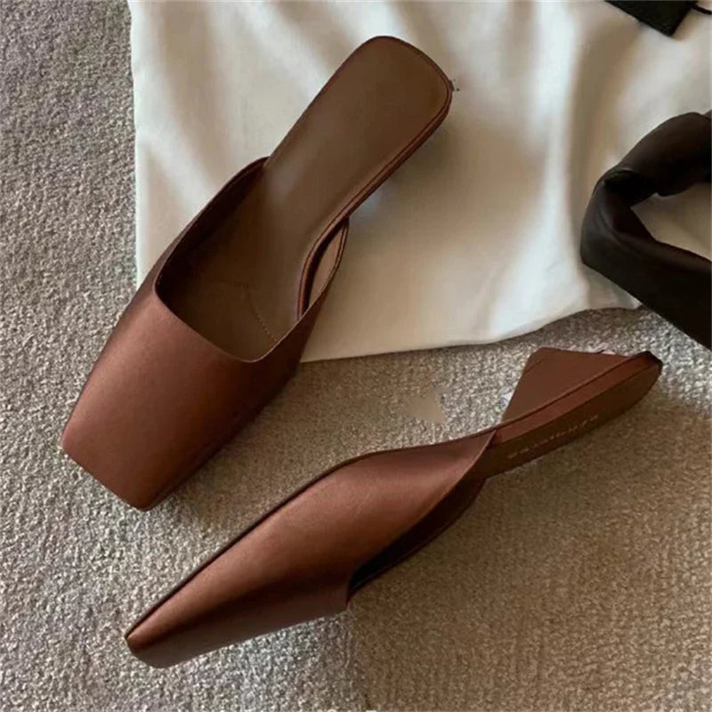 High Quality Silk Square Toe Mules Slipper Concise Low Heel