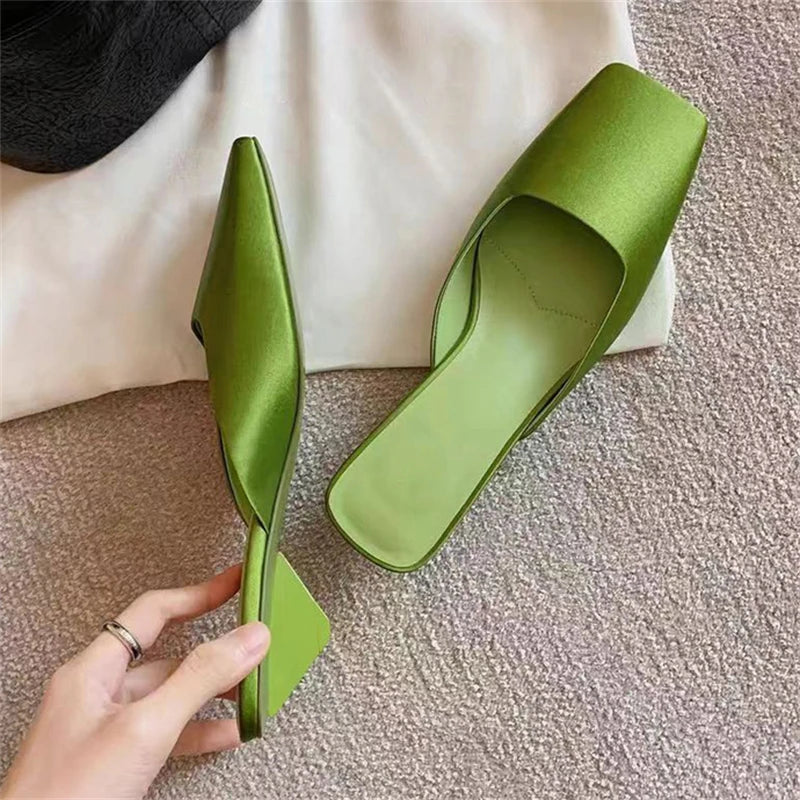 High Quality Silk Square Toe Mules Slipper Concise Low Heel