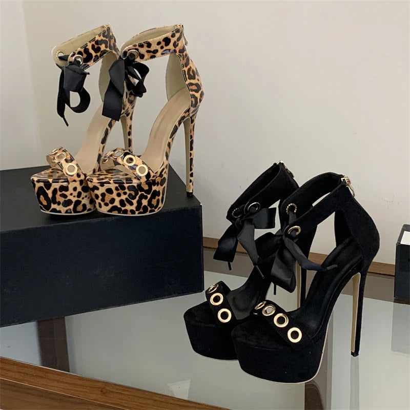 Leopard Print Hollow Out Lace-up Zipper Sandals Super Stiletto High Heel