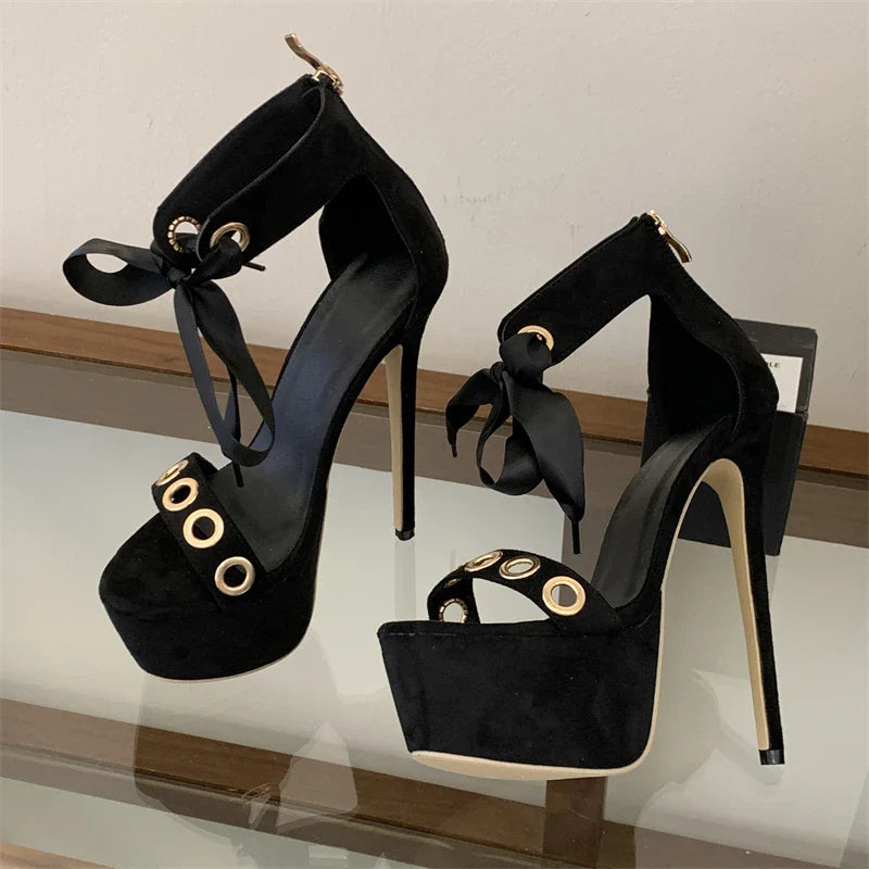 Leopard Print Hollow Out Lace-up Zipper Sandals Super Stiletto High Heel