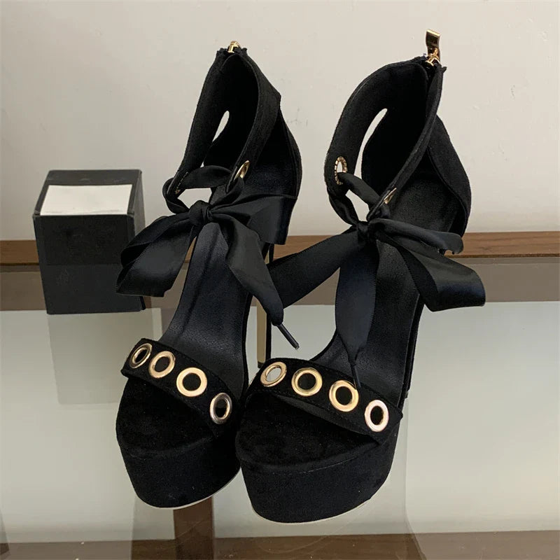Leopard Print Hollow Out Lace-up Zipper Sandals Super Stiletto High Heel