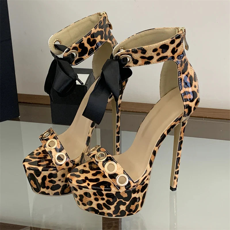 Leopard Print Hollow Out Lace-up Zipper Sandals Super Stiletto High Heel