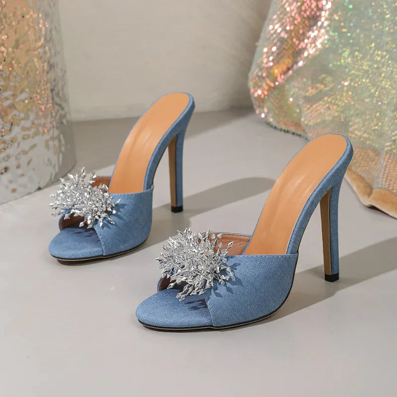 Design Crystal Diamond Open Toe Slide Slippers Thin High Heel