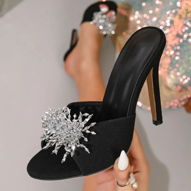 Design Crystal Diamond Open Toe Slide Slippers Thin High Heel