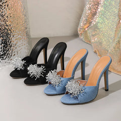 Design Crystal Diamond Open Toe Slide Slippers Thin High Heel