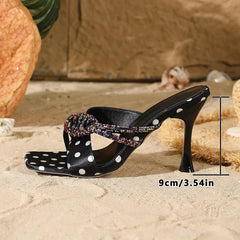 Design Crystal Polka Dot Square Open Toe Slippers Thin High Heel