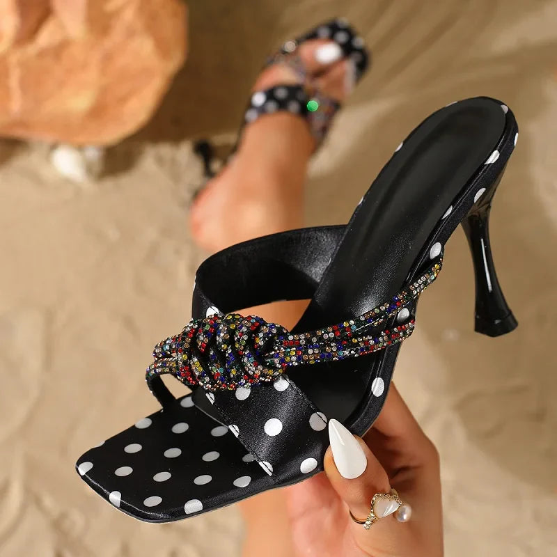 Design Crystal Polka Dot Square Open Toe Slippers Thin High Heel