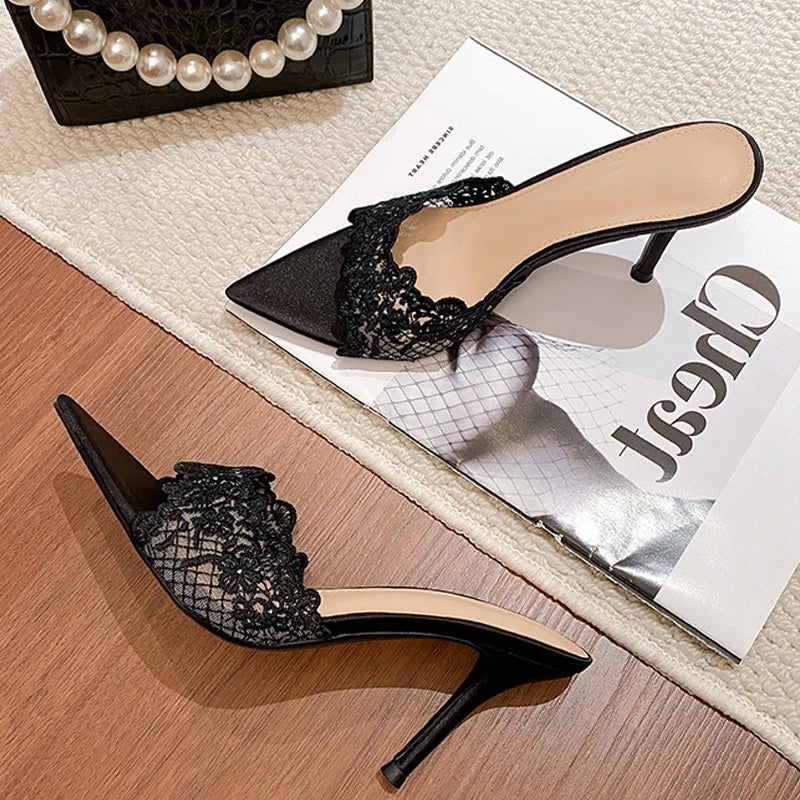 Design Hollow Out Flower Pointed Toe Slippers Thin High Heel