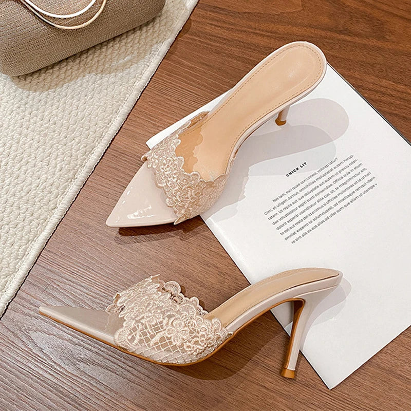Design Hollow Out Flower Pointed Toe Slippers Thin High Heel