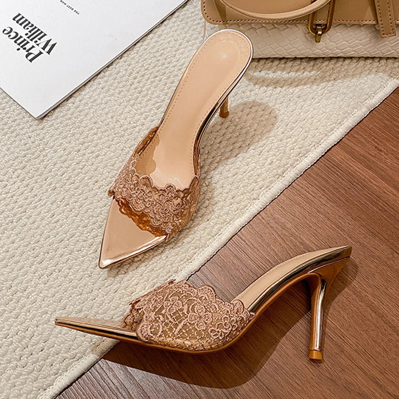 Design Hollow Out Flower Pointed Toe Slippers Thin High Heel