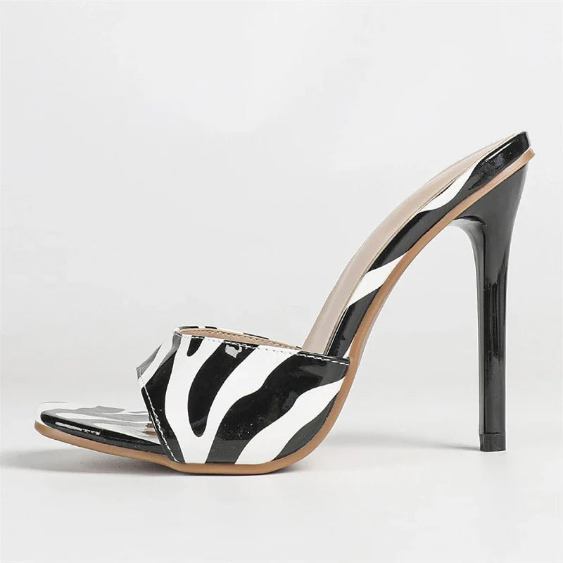 Design  PVC Transparent Zebra Stripe Square Toe Slippers  Thin High Heel