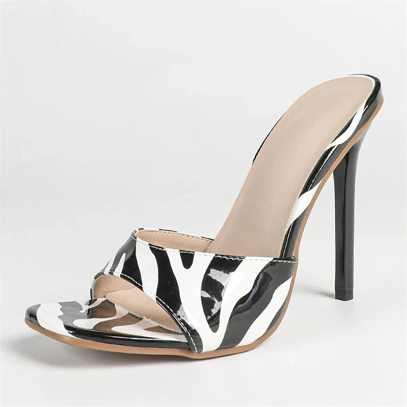 Design  PVC Transparent Zebra Stripe Square Toe Slippers  Thin High Heel