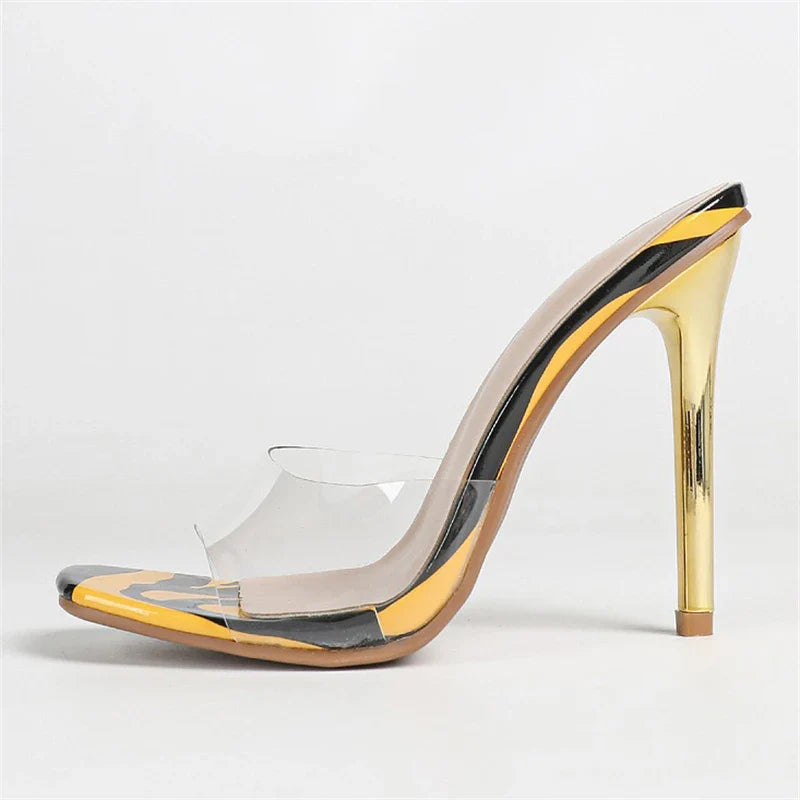 Design  PVC Transparent Zebra Stripe Square Toe Slippers  Thin High Heel