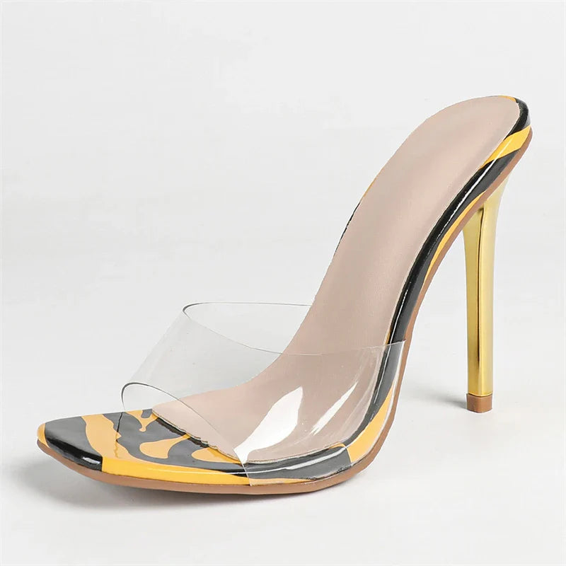 Design  PVC Transparent Zebra Stripe Square Toe Slippers  Thin High Heel